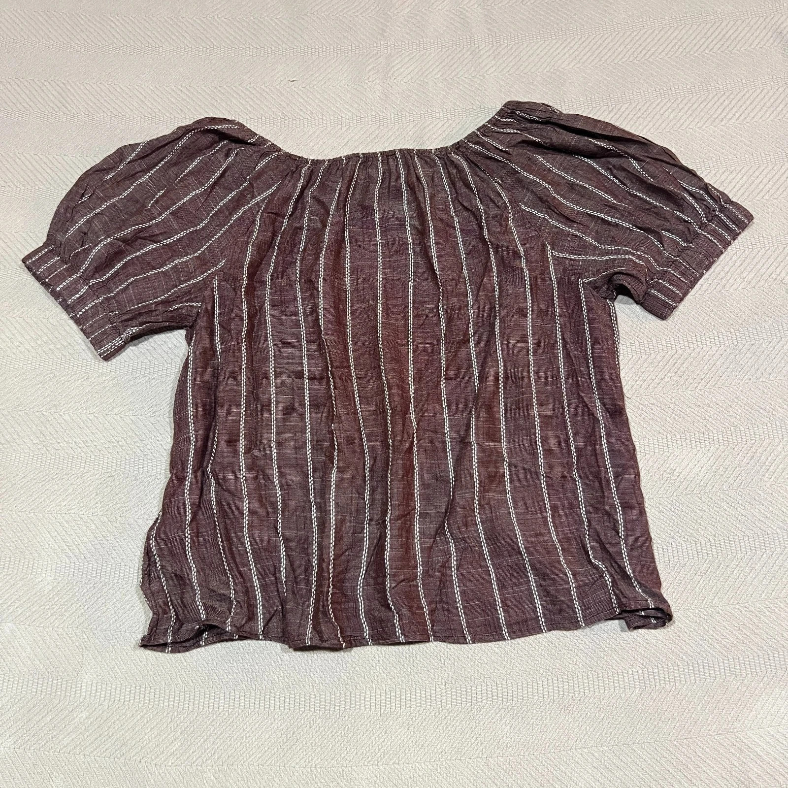 Loft Women Brown White Stripe Puff Shoulder Boho Blouse
