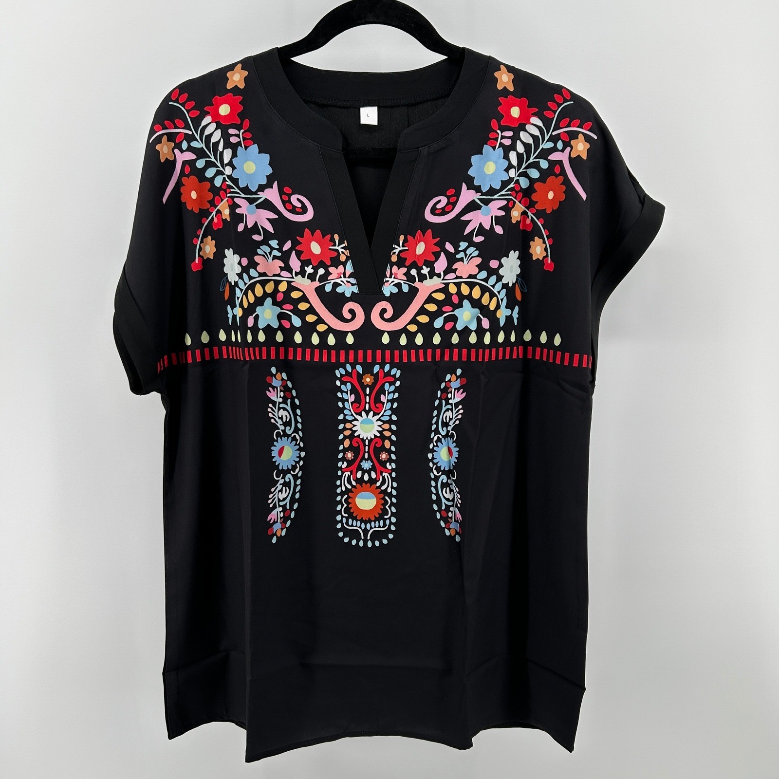 Black Floral Folk Short Sleeve Lightweight Blouse Top L Boho Peasant Festival