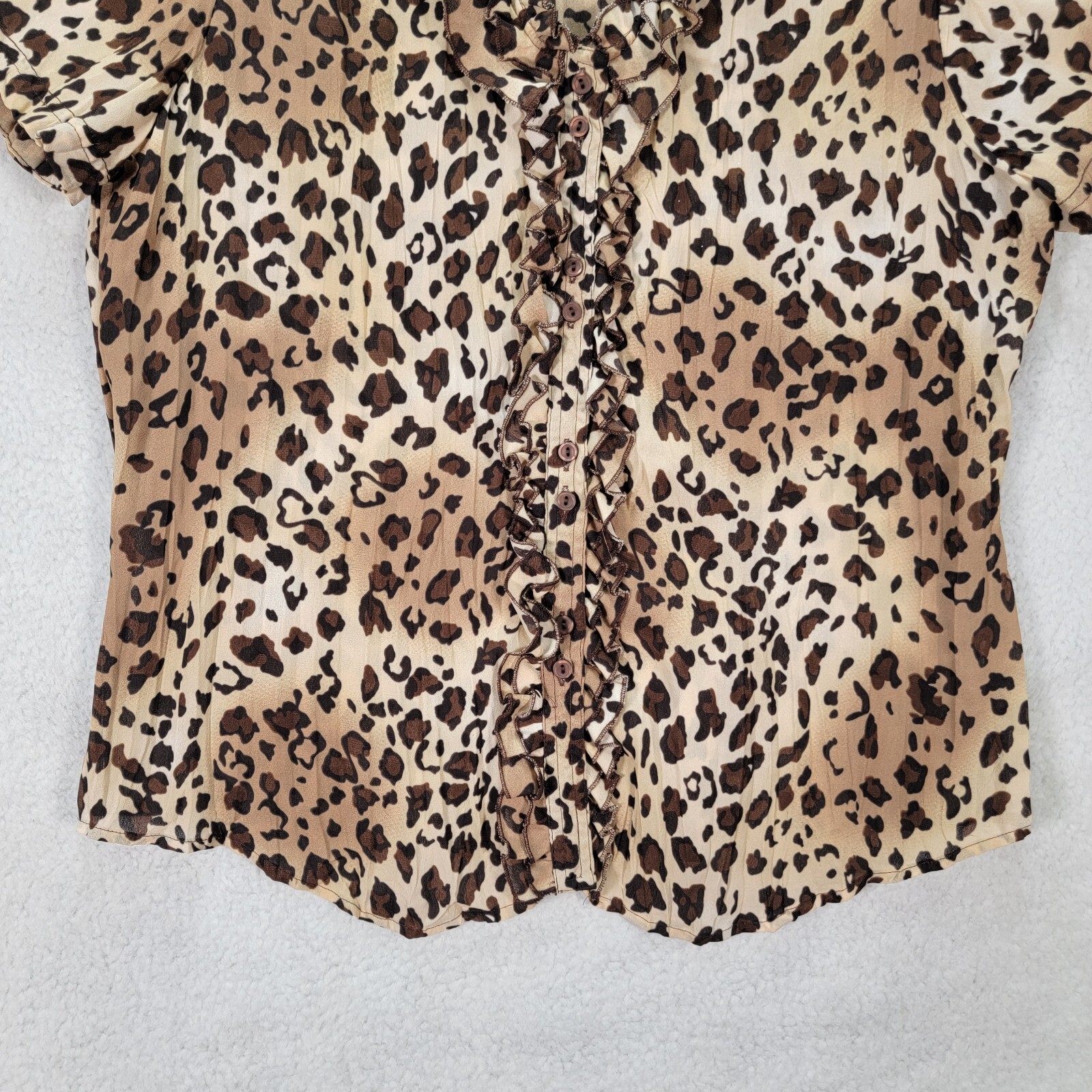 Vtg 90s Allison Taylor Womens Top Size L Brown Leopard Ruffled Unique Blouse