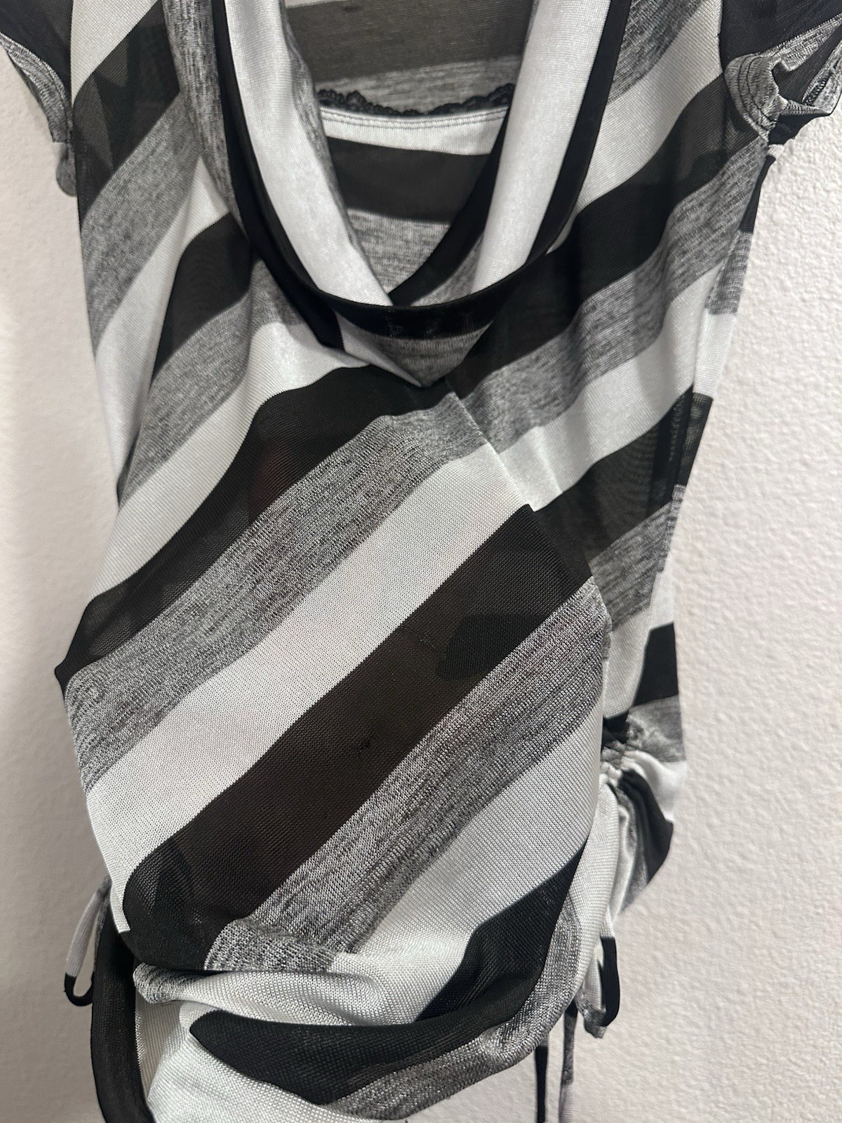 Women’s Black White Gray Striped Knit Cowl Neck Drawstring Top SS M