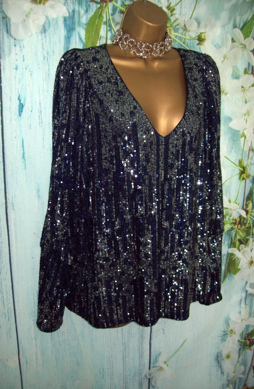Next Navy Silver Sequin Sparkle V Neck Top Size 16 Evening Party Occasion Blouse
