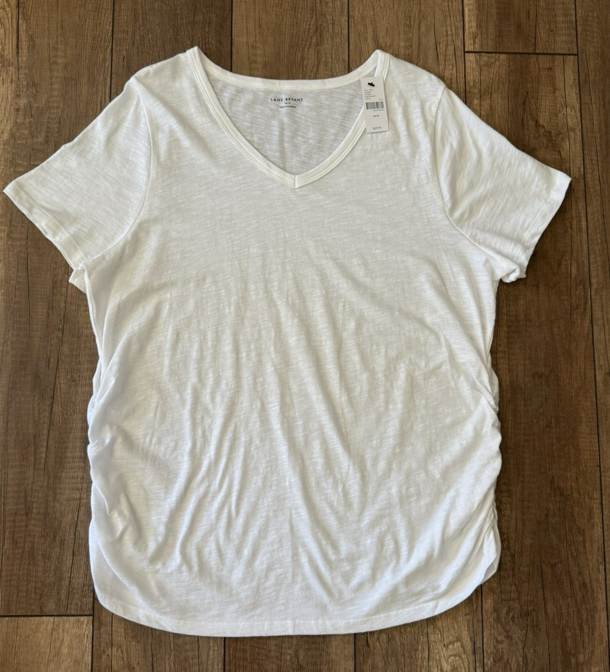 NWT Lane Bryant White V-Neck Tee Size 14/16 Side Ruched 100% Cotton Short Sleeve