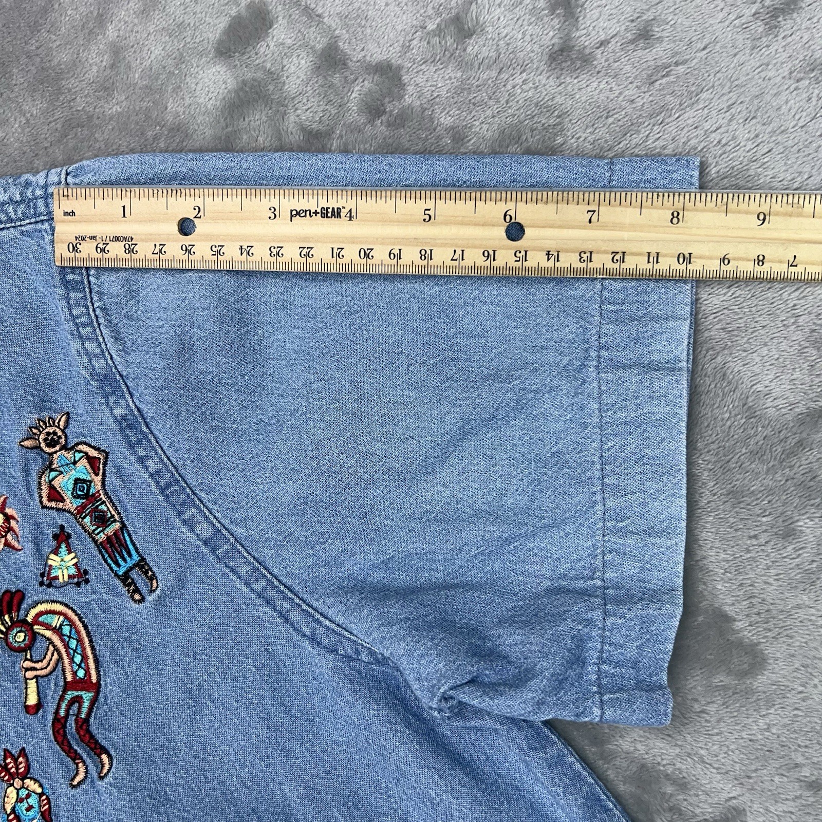 Vtg PASSION-I Denim Shirt Women Small Short Sleeve Southwest Kokopelli Aztec Y2K