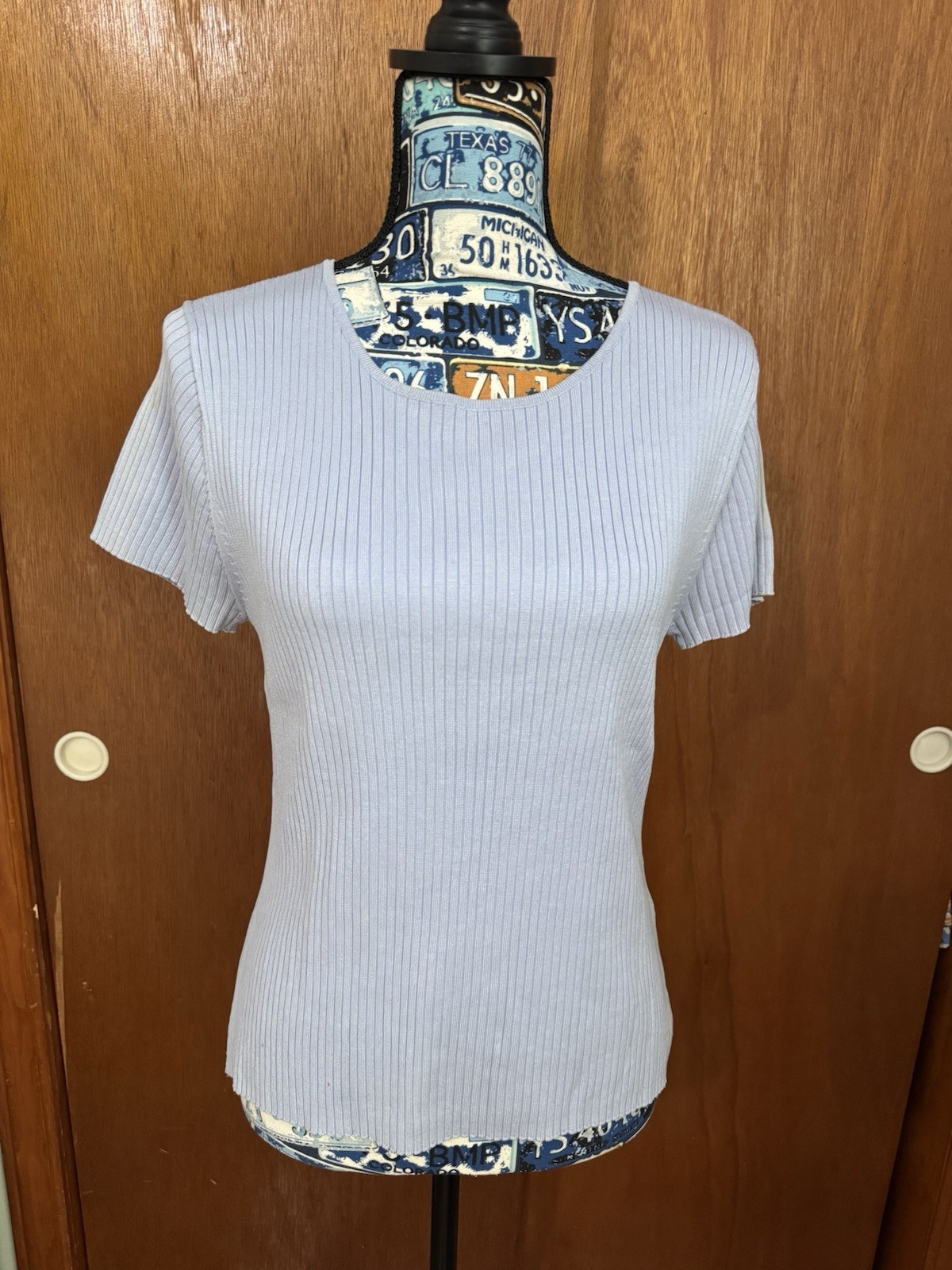 August Silk Blue Stretch Ribbed Knit Scoop Neck Short Sleeve Top Womens L