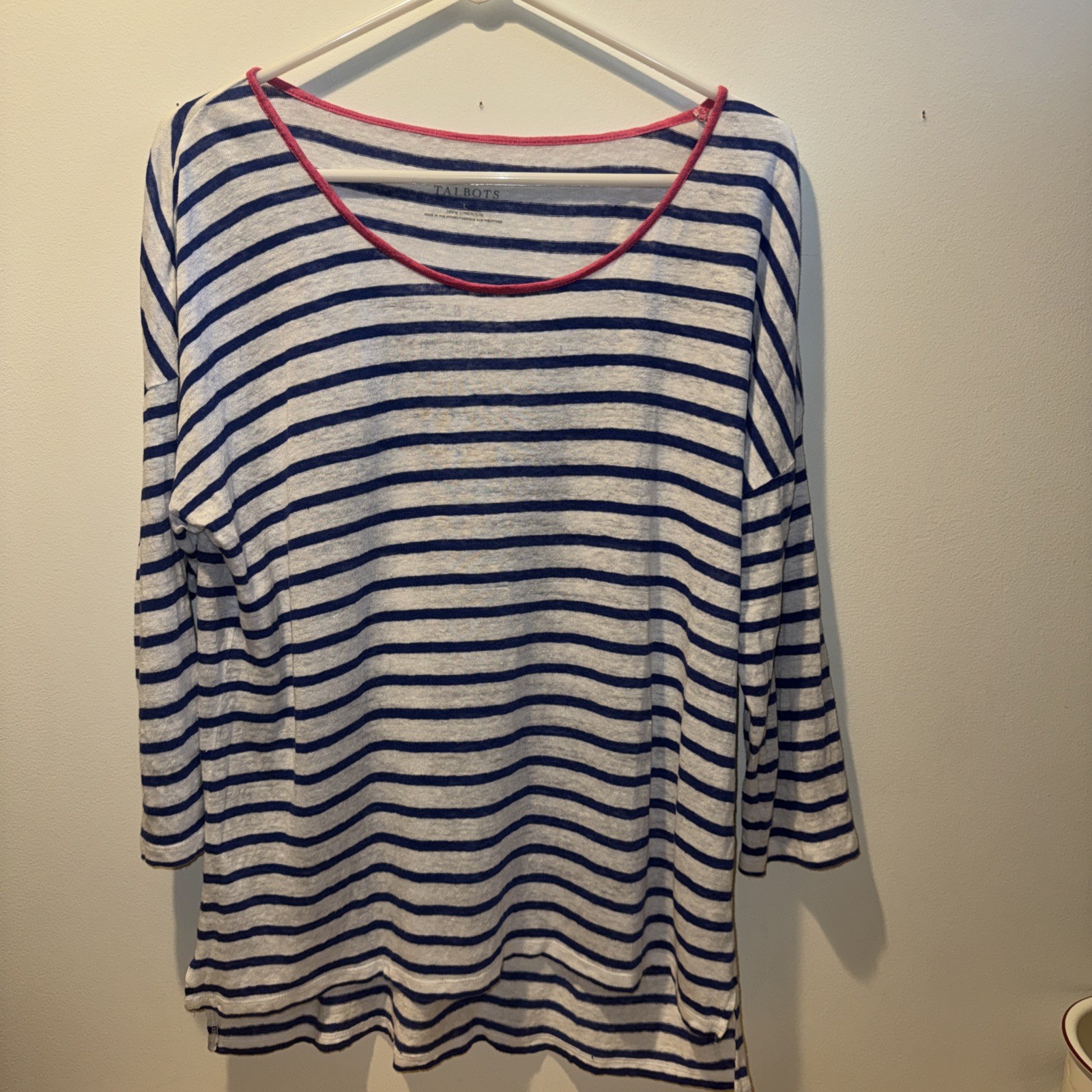 Talbots Woman Top Linen Pullover Tee Size Large Blue White Striped Relaxed Fit