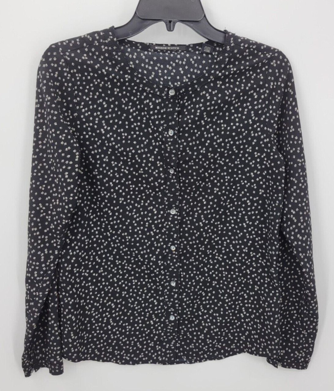 Maison Scotch Top Womens 1 Small Black White Geo Print Button Up Artsy Blouse
