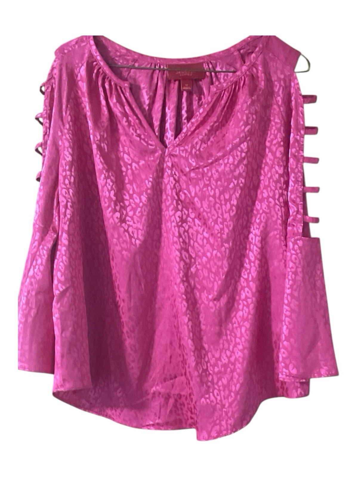 Jennifer Lopez Pink Satin Leopard Print V-Neck Lace-Up Bell Sleeve Blouse M