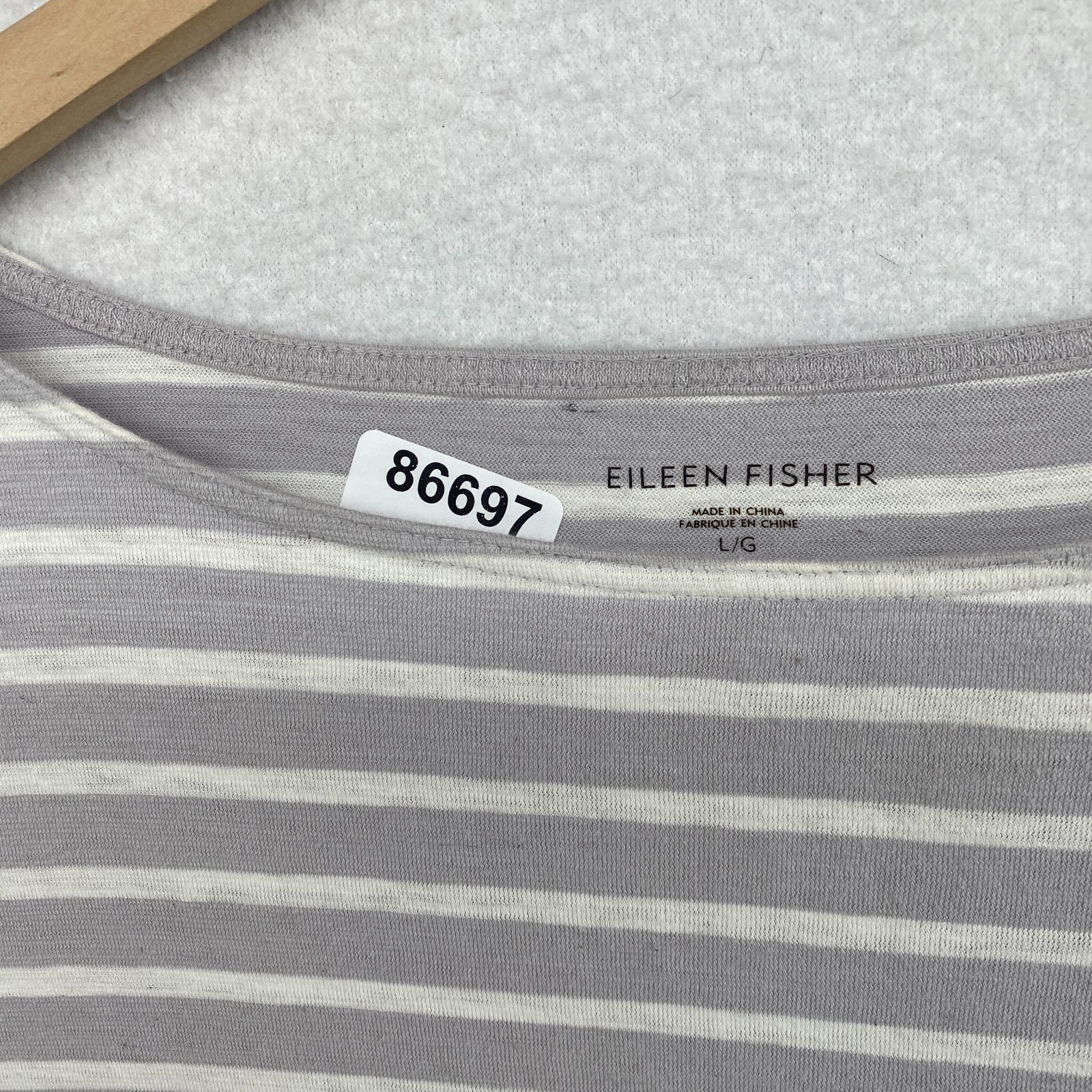 EILEEN FISHER Top L Organic Cotton Jersey Striped Boat Neck Long Sleeve Gray