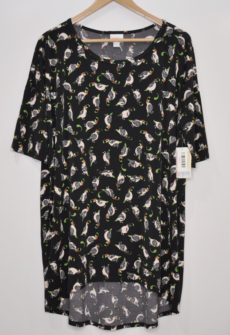 Lularoe Irma Bird Print Top Size Large Black Green Ivory Tunic Shirt Blouse New