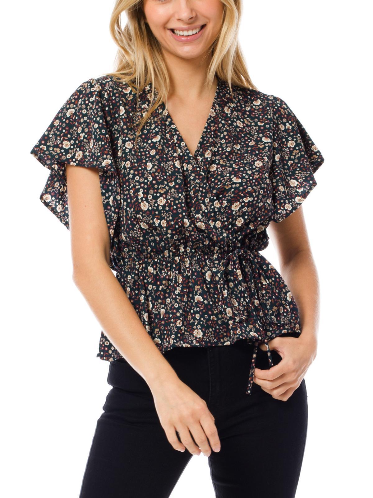 MixMatchy Floral Print Wool Peach Print V-Neck Short Sleeve Shirred Blouse (Made