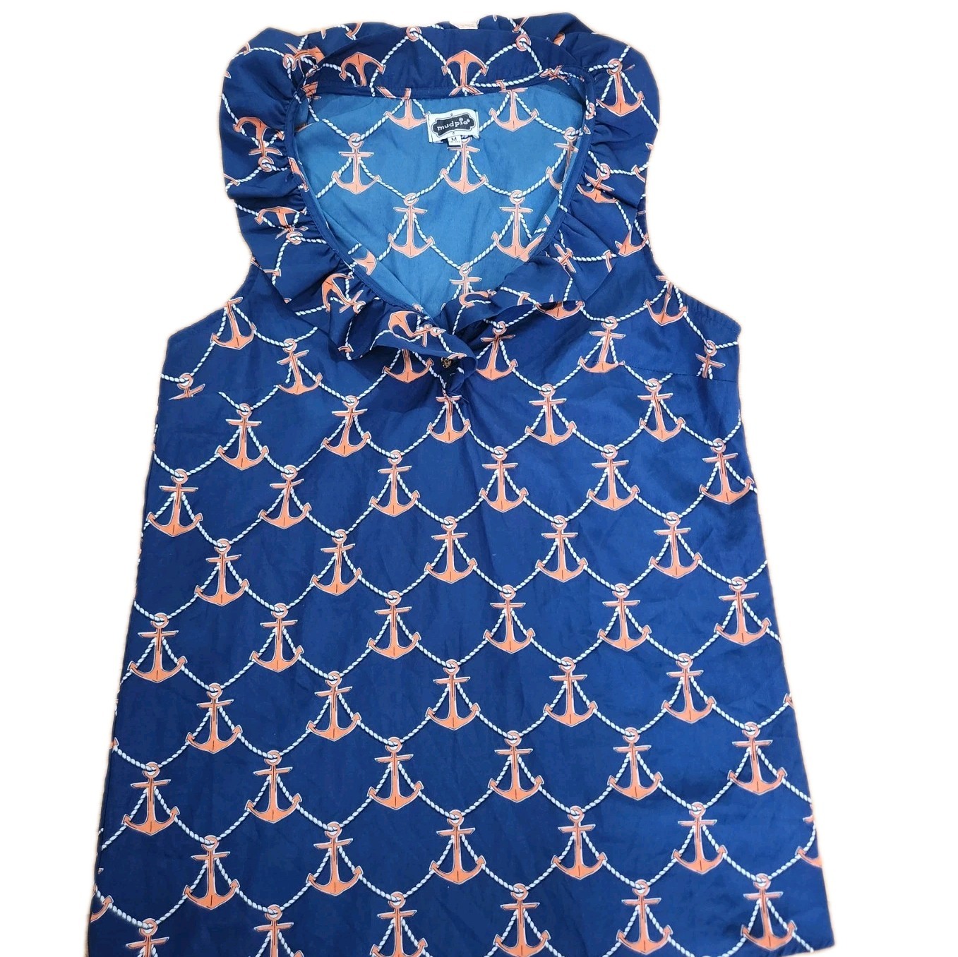 Mud Pie Navy Blue Orange Nautical Anchors Sleeveless Ruffle Top SZ M Resort Wear