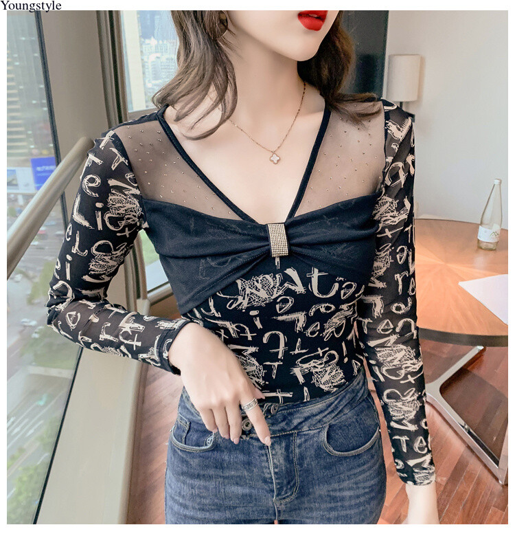 Sexy Korean Women Mesh Rhinestone Slim Casual Party Cocktail Tops Blouse Shirts