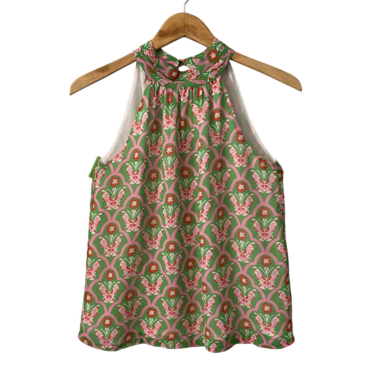 Jade Melody Tam Whimsical Green Pink Butterfly Floral Halter Mock Neck Top