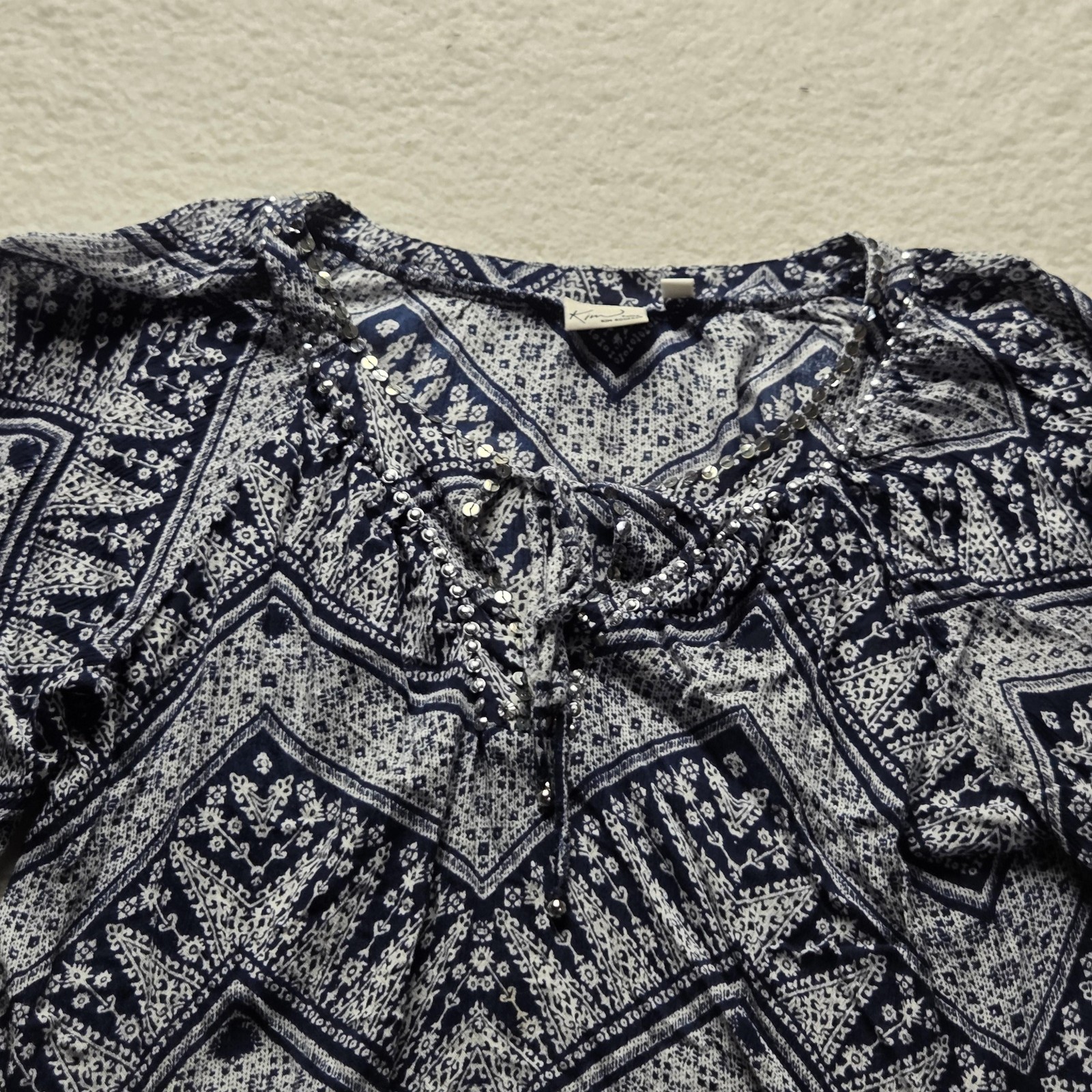 Kim Rogers Blouse Womens PL Petite Blue V Neck Short Flutter Sleeve Tunic Top
