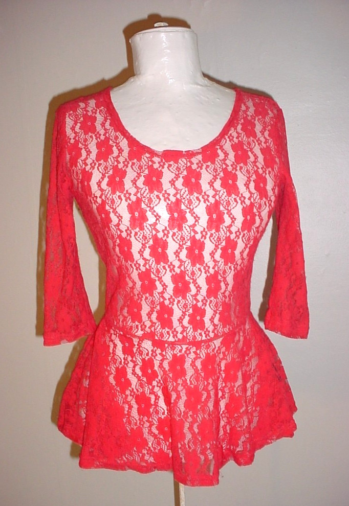 Seduction Sheer Lace Top Size Small Peplum Skirt Stretch Melon Pink 3/4 Sleeve
