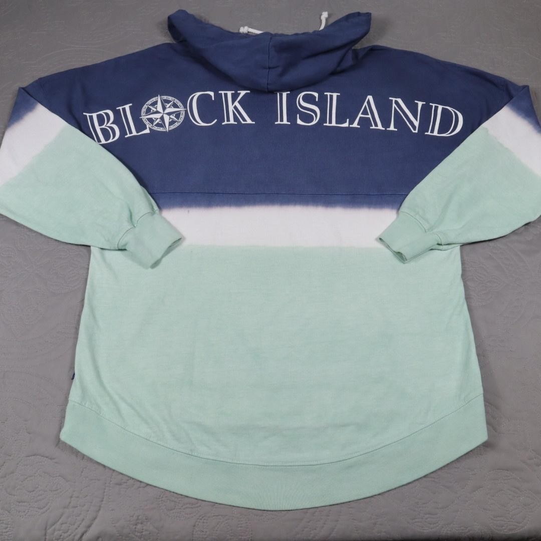 New Block Island Spirit Jersey Shirt Womens Medium Blue Green Hooded Colorblock