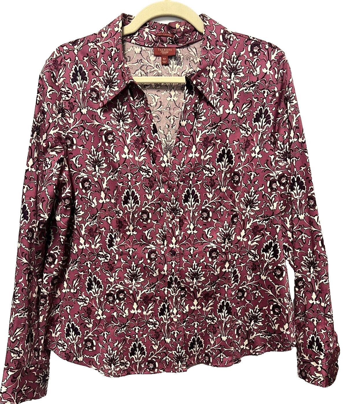 Talbots Womens Blouse 16P Button Down Pink Cotton Sateen Floral Long Sleeve Top