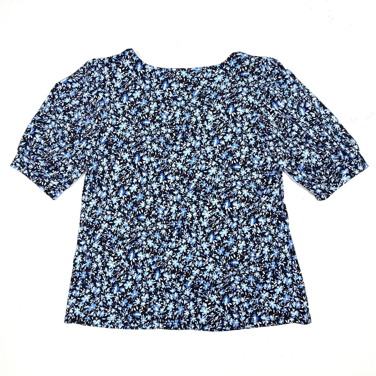 CeCe Womens Floral Puff Sleeve Knit Top Classic Navy Blue C’est La Vie Large NWT