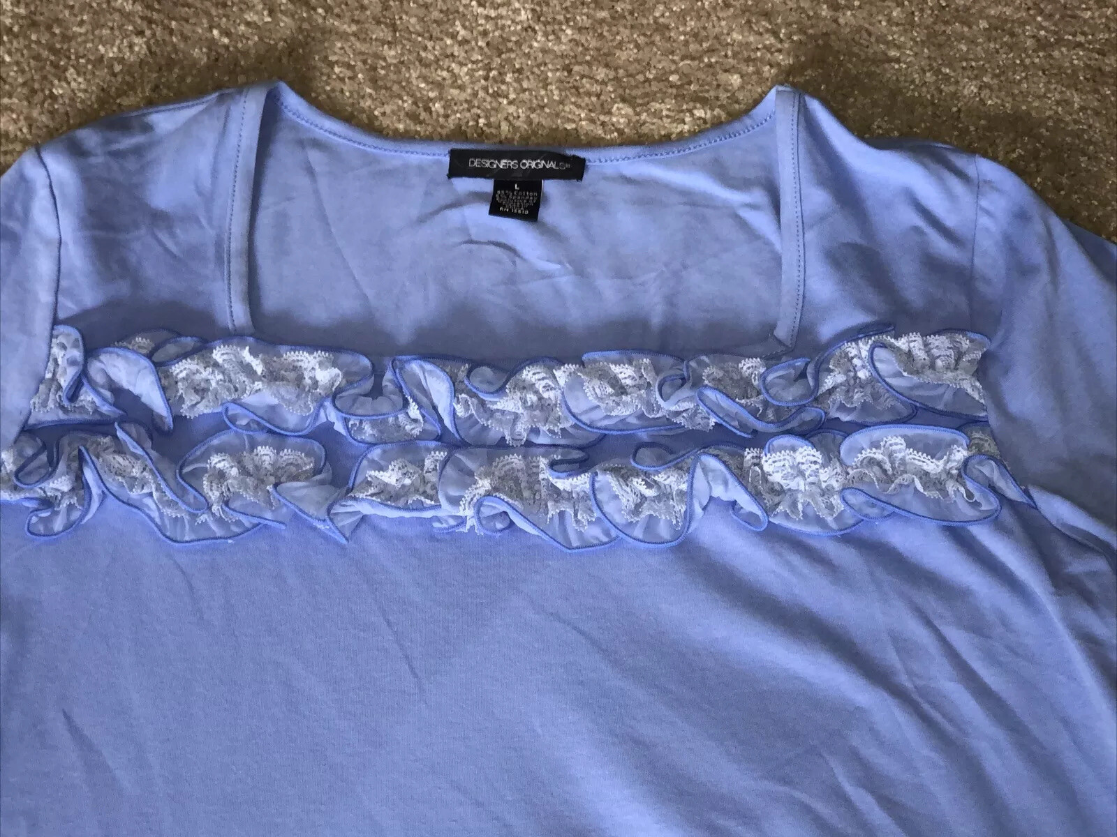 Designers Original Cornflower Blue Top Appliqued Flowers Stretch Size L NEW