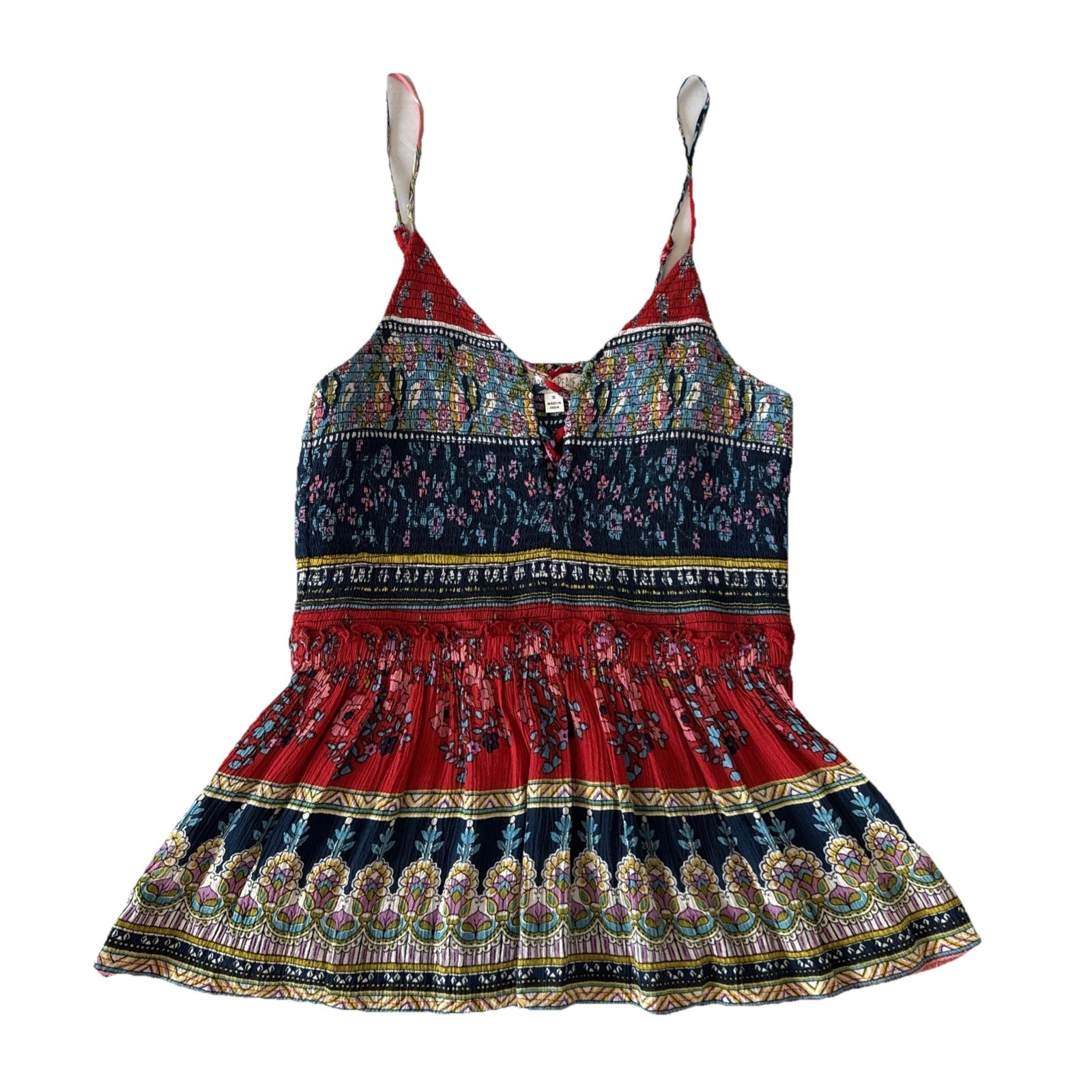 Patrons of Peace Colorful Floral Smocked Peplum Tank Top S Boho Art Romantic