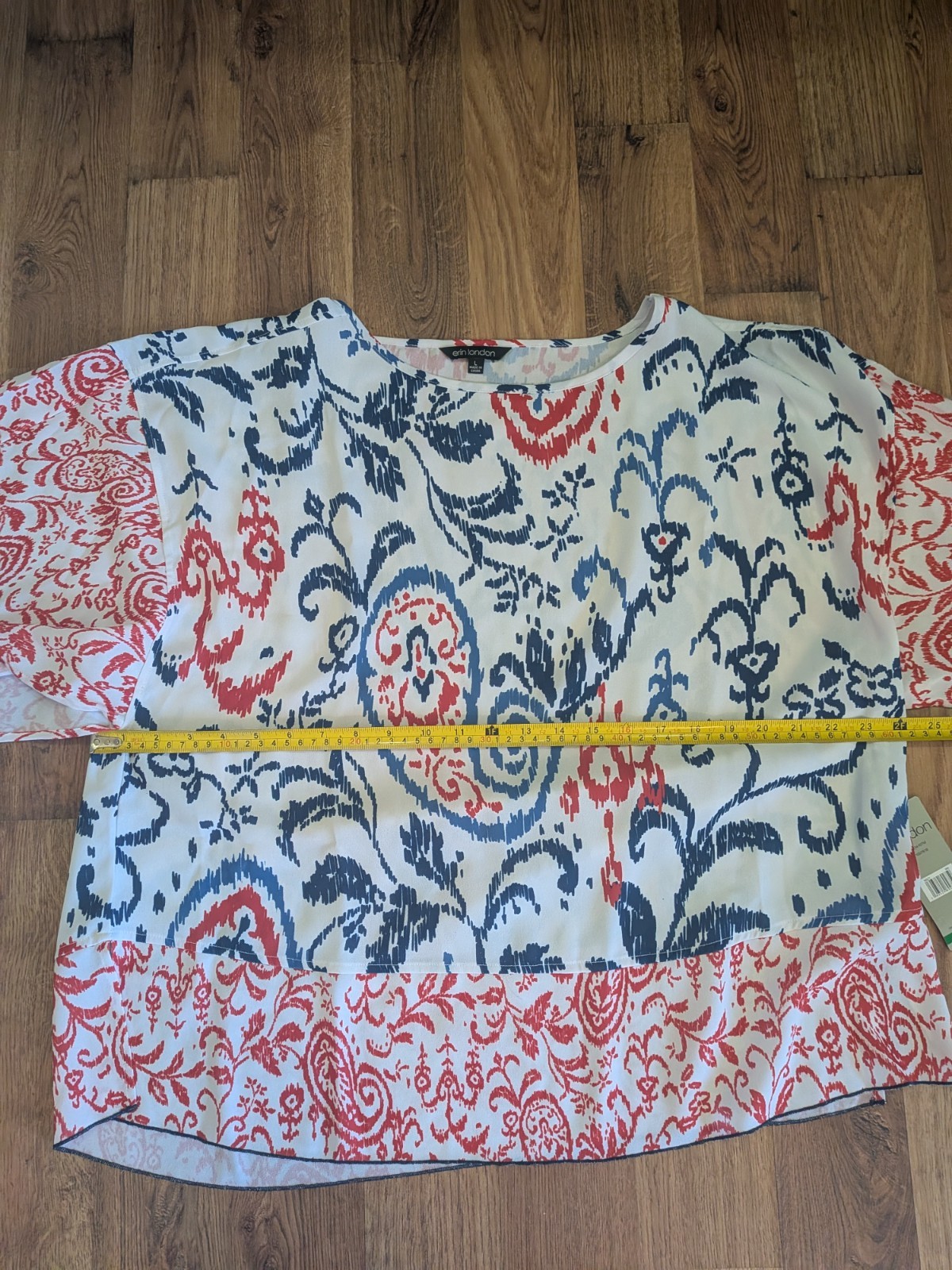 Erin London RELAXED R/W/B Print SS Slight Sheer Sz. L Blouse New w/Tags
