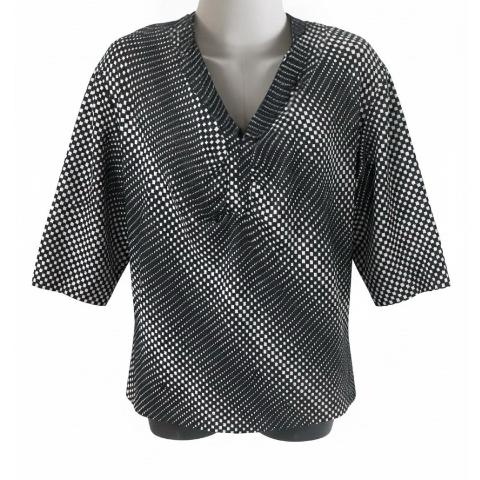 I.N. Studio Blouse Women Size 2X Black White Poka-Dotted 3/4 Sleeve Casual Top