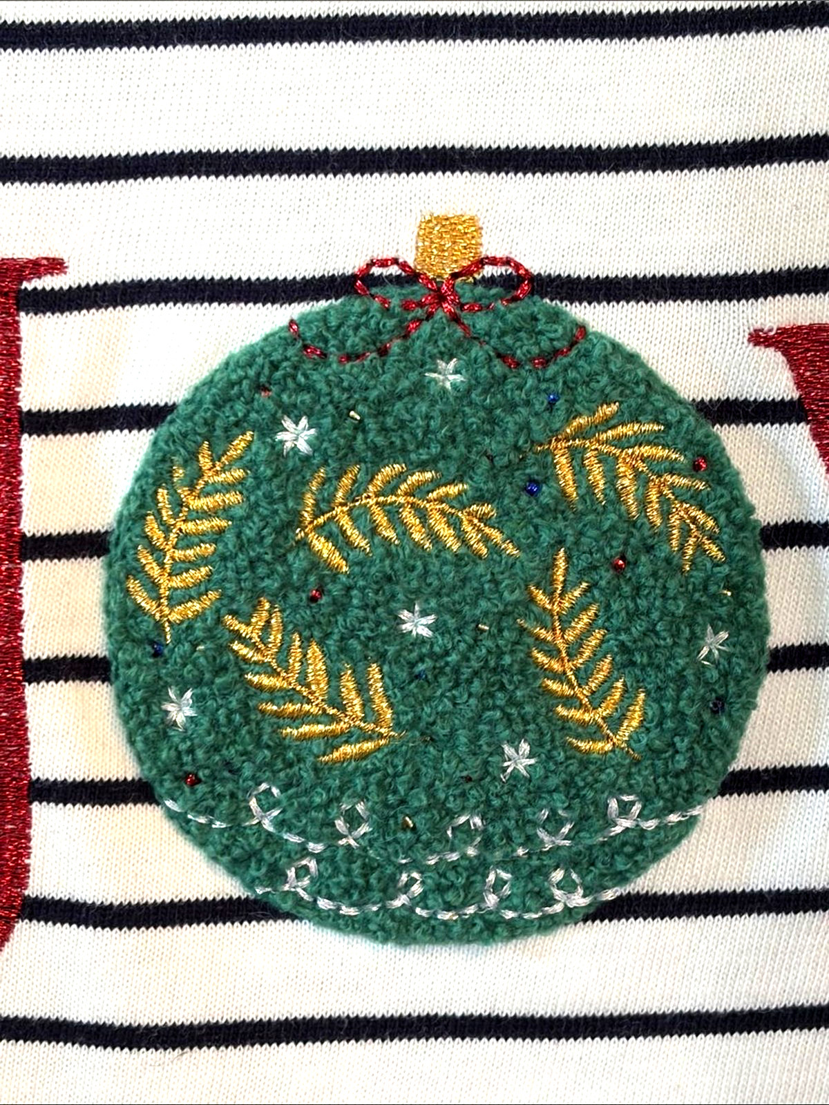 Talbots NWT Petite XL Christmas Top JOY Ornament Embroidered Stripe Cotton PXL