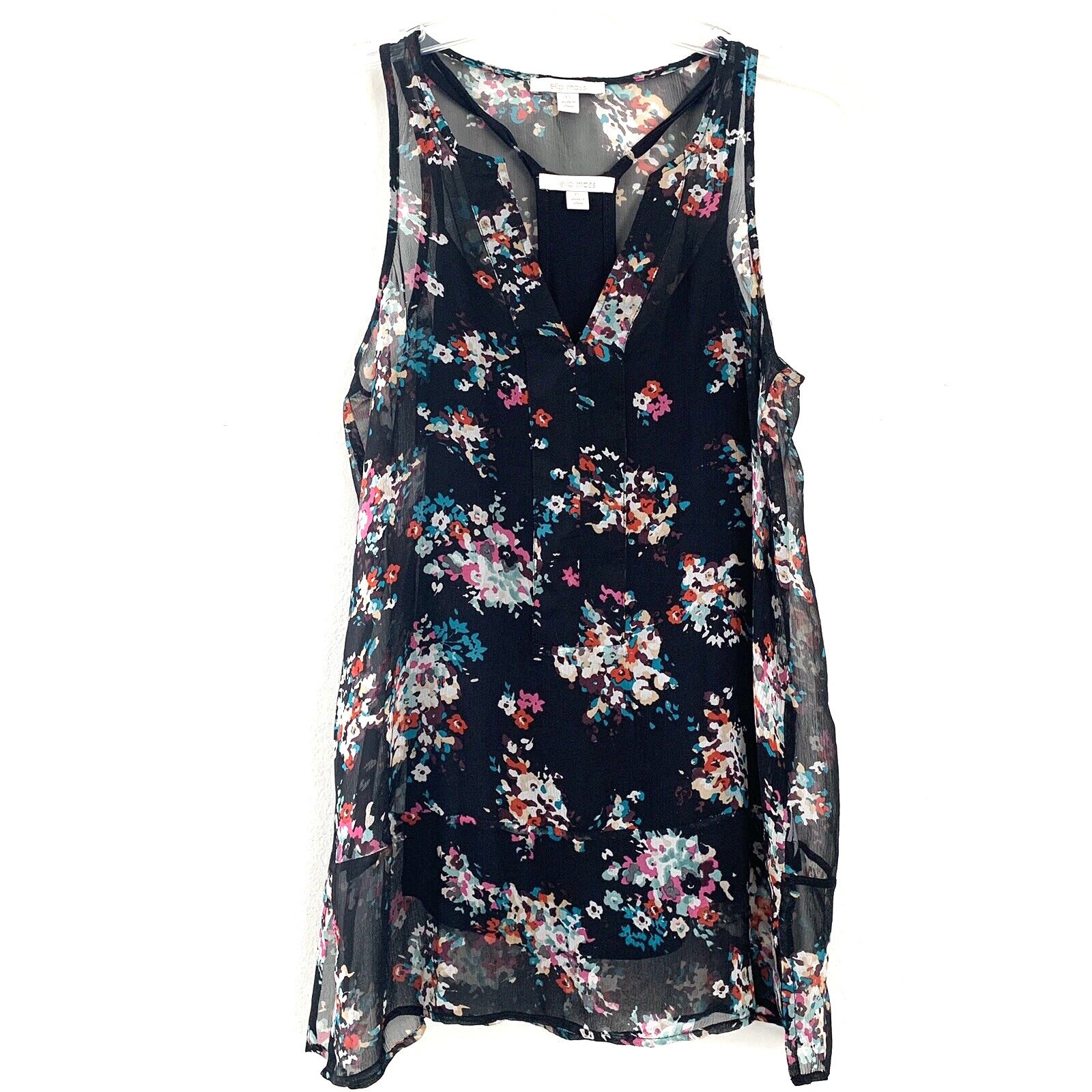 Anthropologie Ella Moss XS Silk Blouse Tank Top Black Floral Sheer Sleeveless