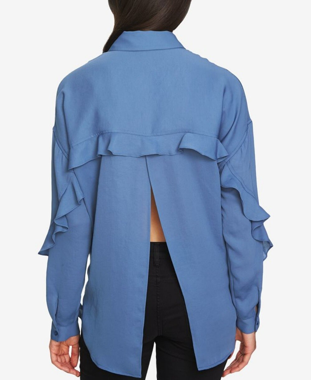 1.STATE Womens Ruffled Button-Up Shirt, Blue, M/L – Retail $89