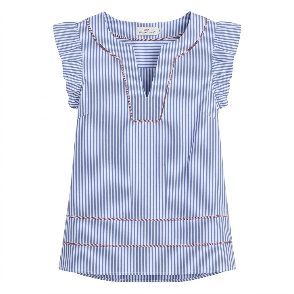 Vineyard Vines Blue & White Striped V-Neck Ruffle Sleeve Tunic Blouse XXS