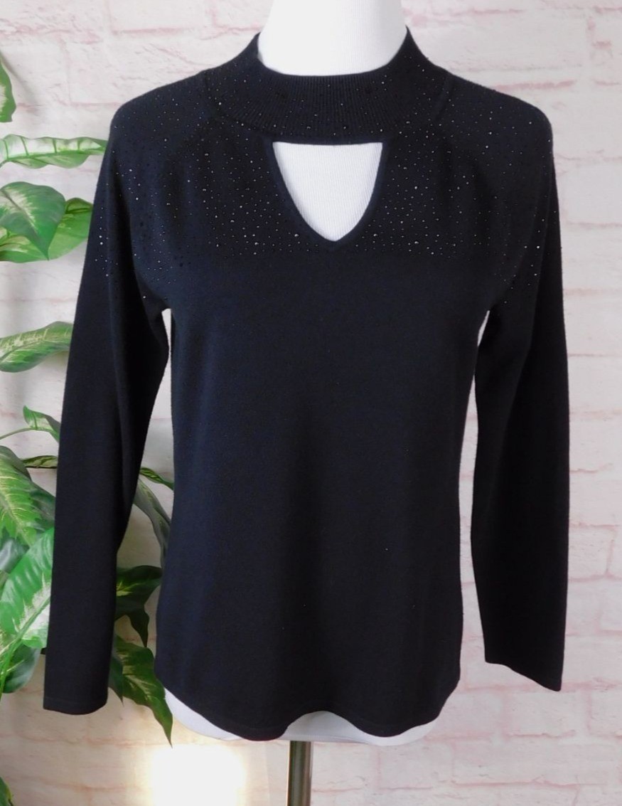 Cable & Gauge Black Long Sleeve Top With Rhinestone Details & Cutout Neckline S