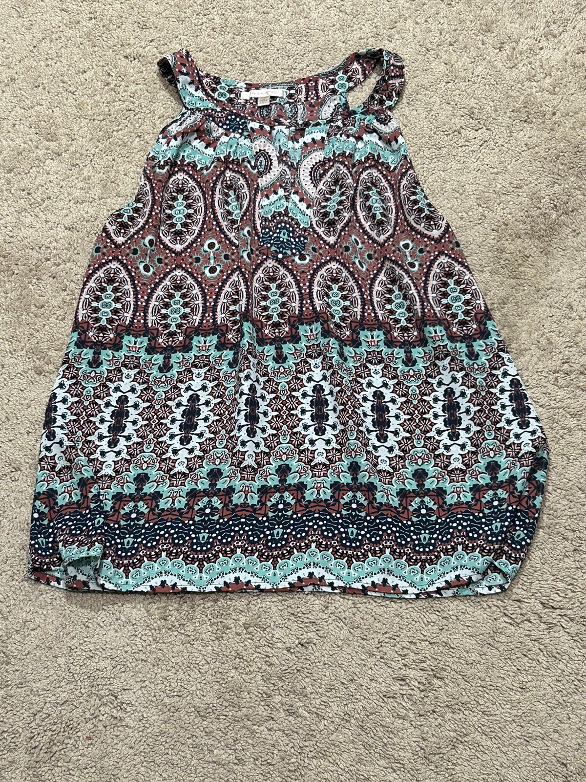 Skies Are Blue Womens Shirt Sz Large Multicolor Print Keyhole Flowy Lightweight