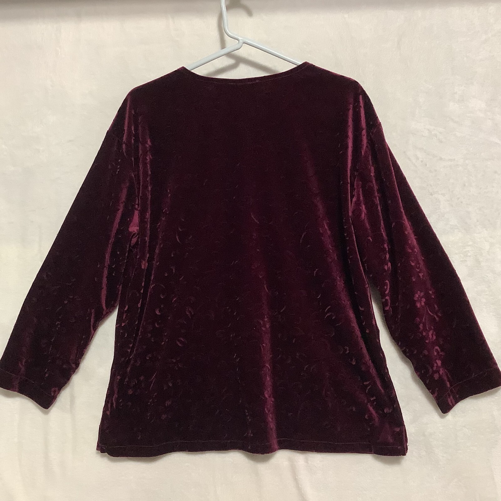 Vintage Bold Spirit Crushed Velvet Velour Shirt Floral Embossed Womens Sz M Red