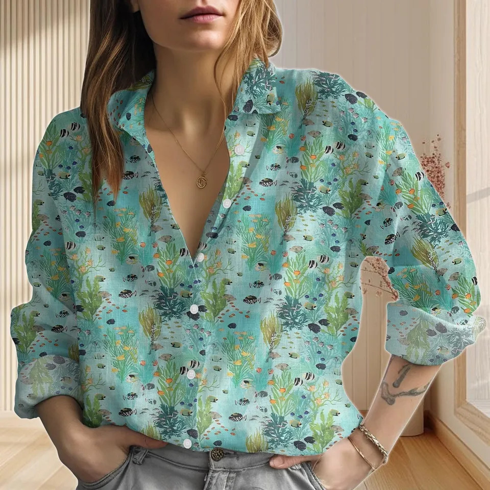 Aqua Ocean Fish Button Down Shirt Marine Life Lover Gift for Her