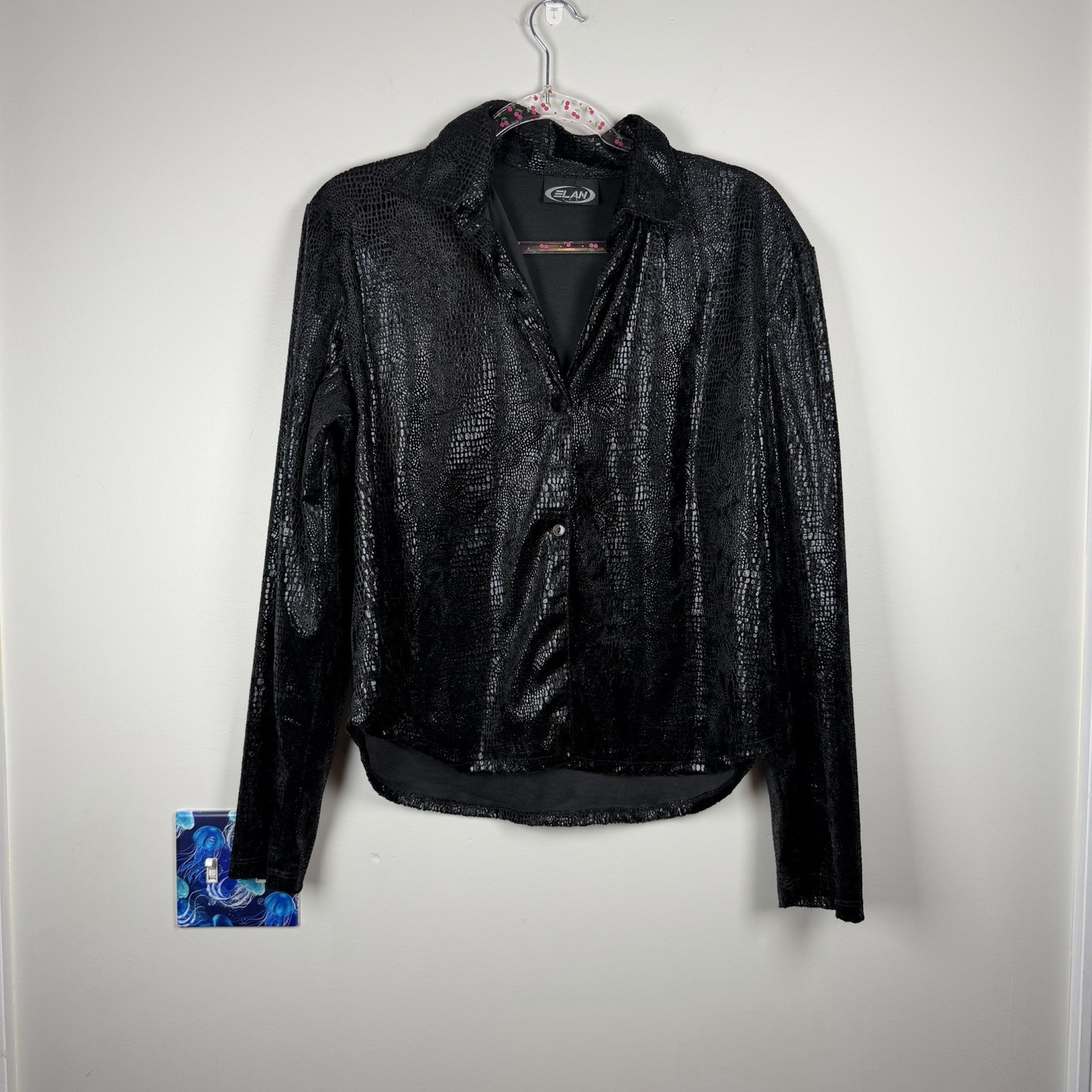 Vintage Y2K 90s ELAN Black Croc Embossed Grunge Goth Witchy Blouse Top Large