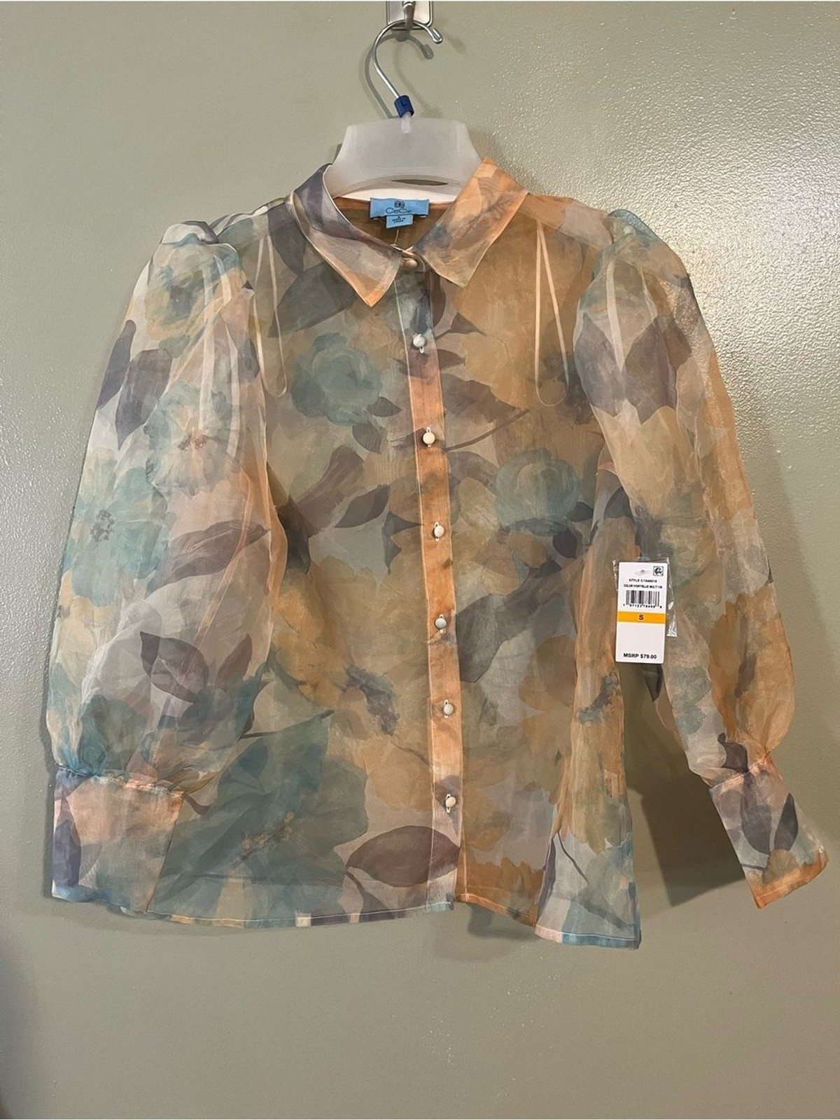 Ce Ce Sheer Floral Organza Button-Down Blouse in Peach & Teal Puff Sleeves S NWT