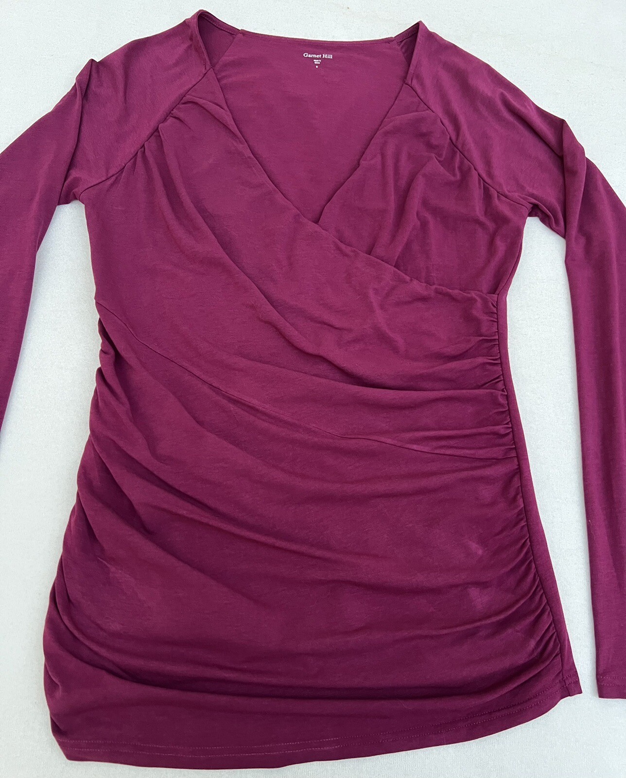 Garnet Hill Maroon Blouson Mock Wrap Jersey Knit Top Blouse Women’s Sz Small