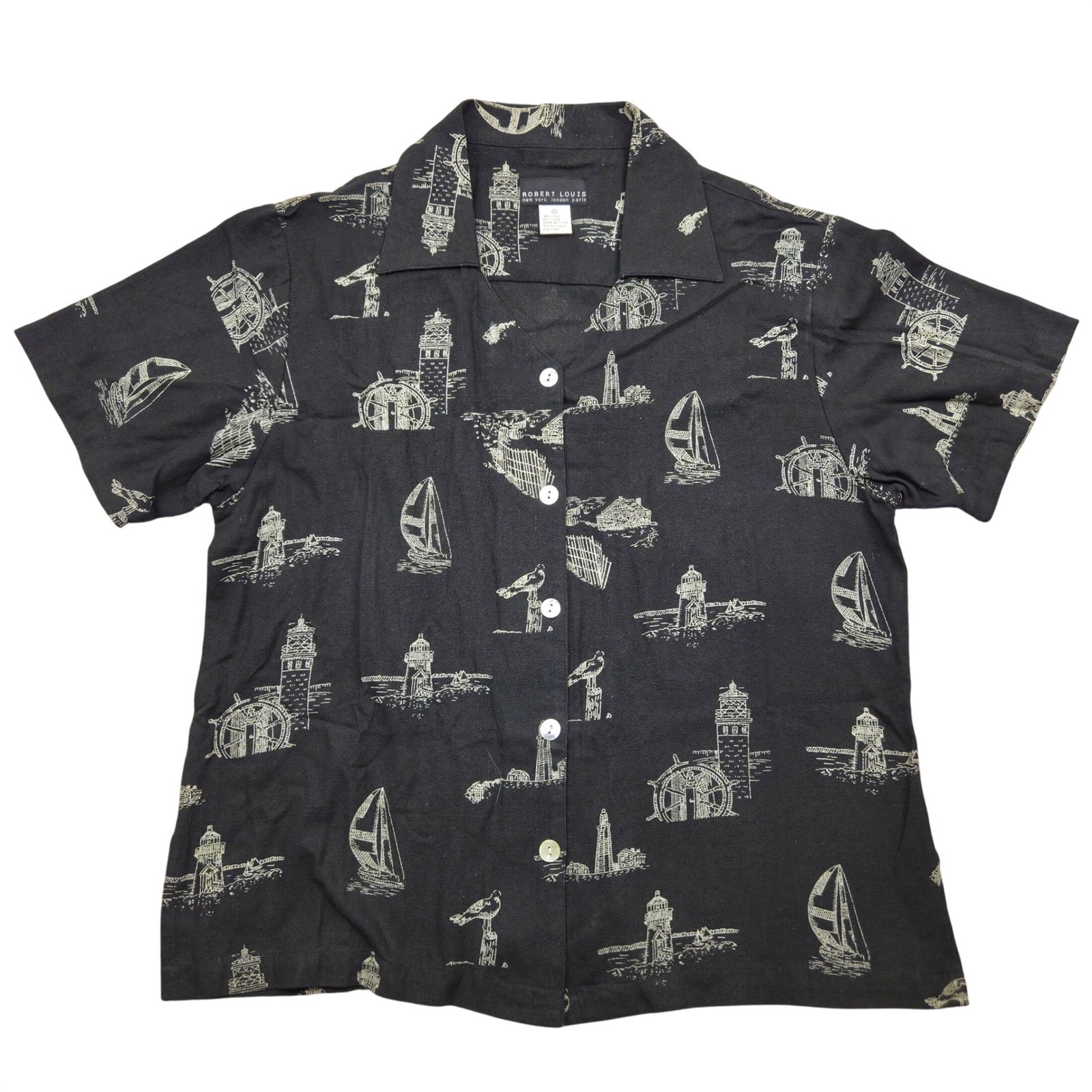 Robert Louis Silk Short Sleeve Shirt Nautical AOP Black Womens Large