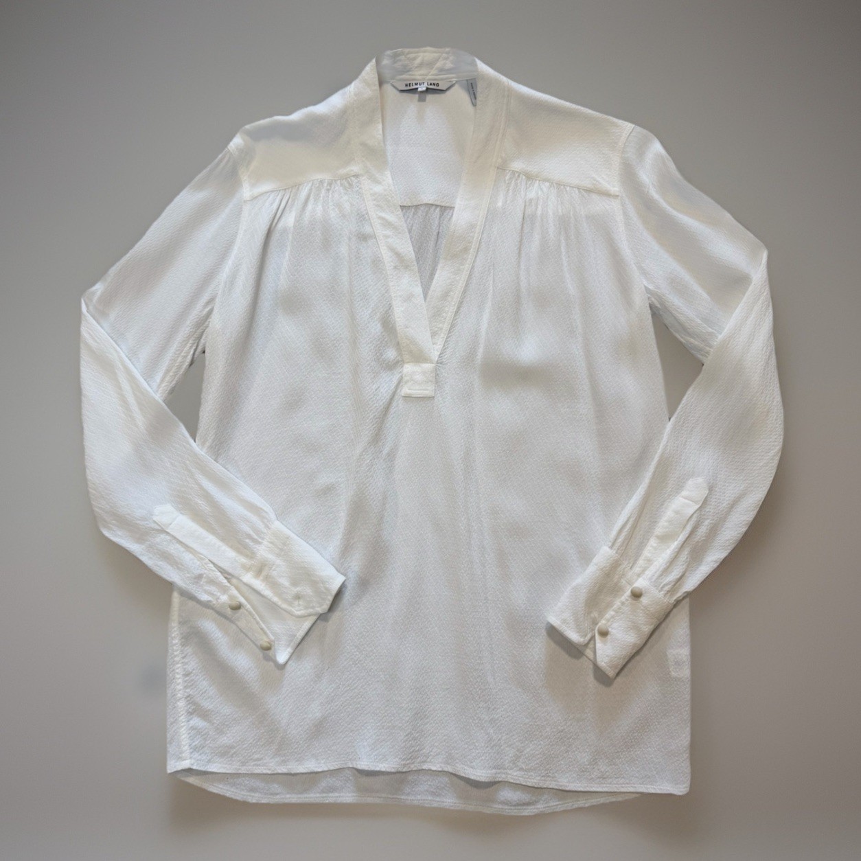 Helmut Lang Top Blouse Sz S Ivory Textured Popover V neck Classic Designer Work