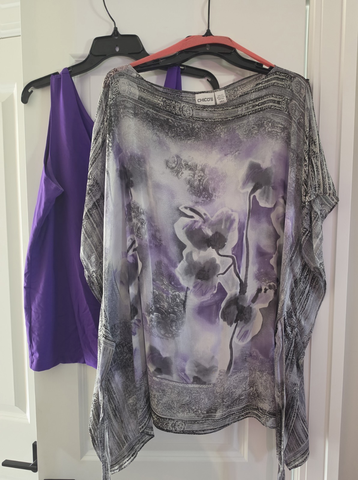 Chico’s Sz3 Silk Chiffon Sheer Floral Tie Blouse Top Purple Gray Black White