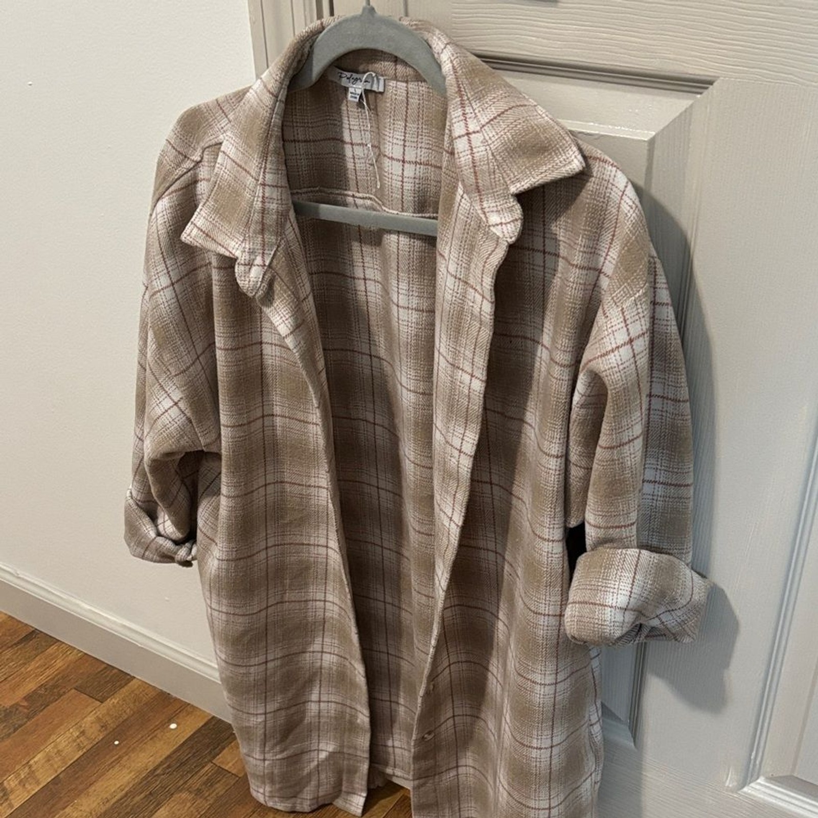 Polagram Plaid Button Up Neutral Oversized Shacket L Comfy Granola Cabincore