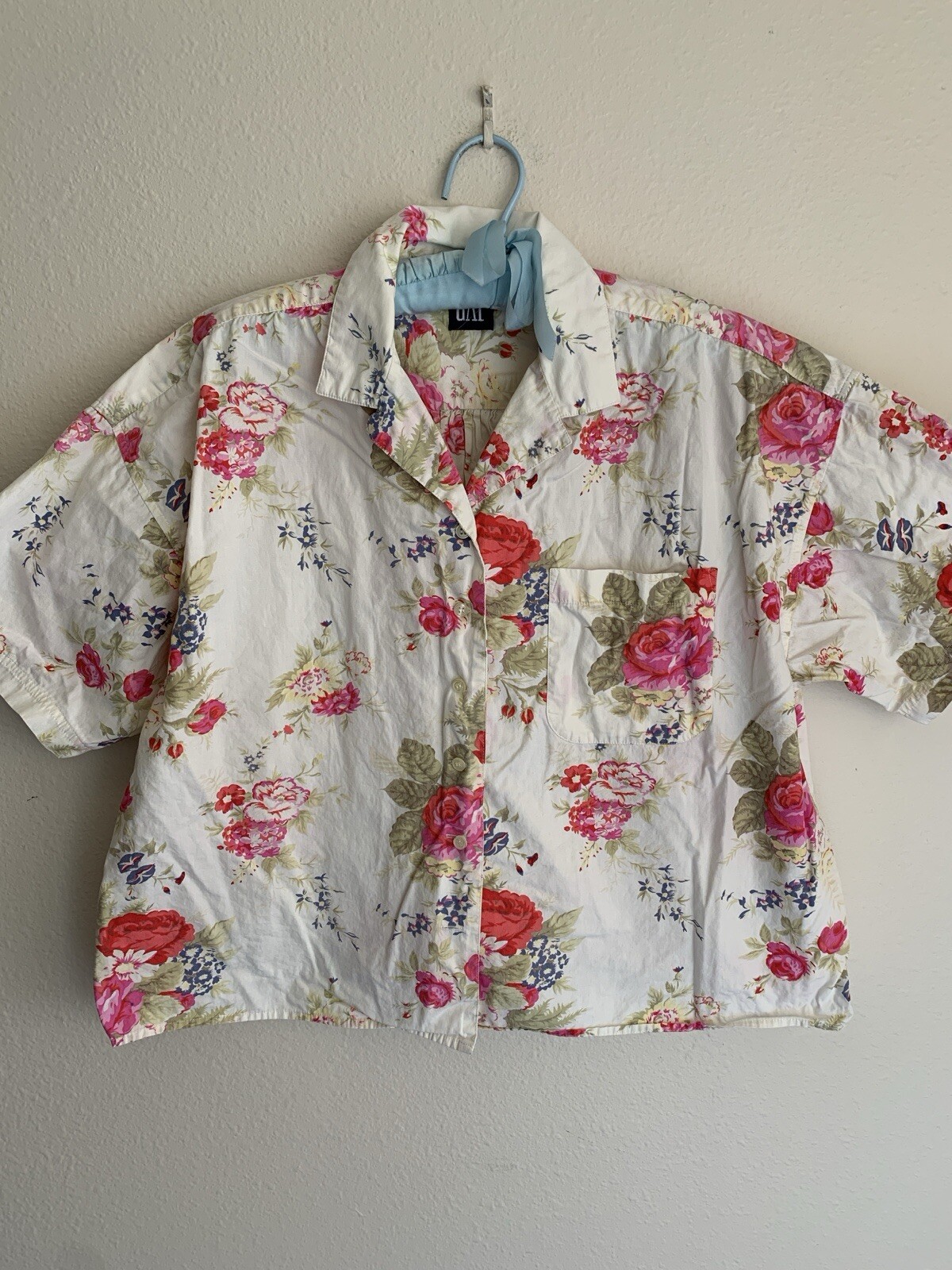 L Vintage GAP Women Floral Crop Top Button Shirt Cottagecore 90s Flower Preppy