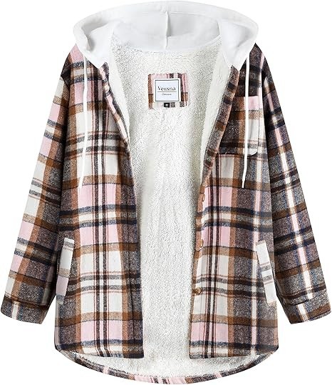 Women’s Plaid Flannel Plaid Shacket Button Up Hooded Long Sleeve Fleece Jacket