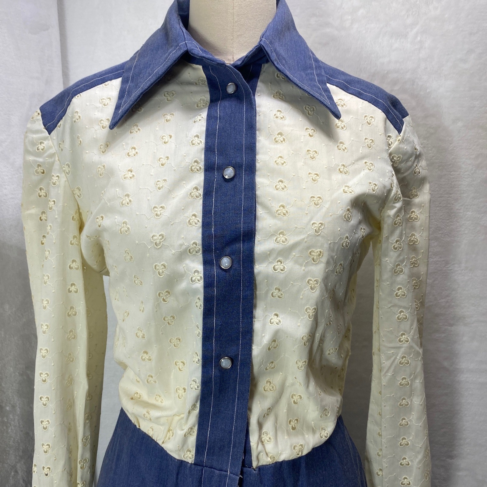VTG Home Made Hand Made Western Style Denim Color & Eyelet Prairie Maxi Dress