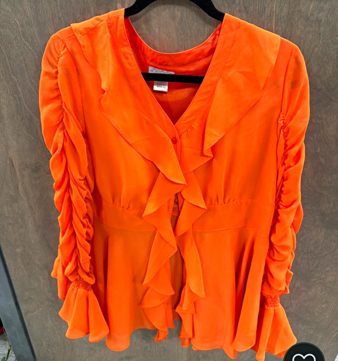K Jordan Orange Solid Chiffon Blouse, Ruffle Front V-Neck Button, 12