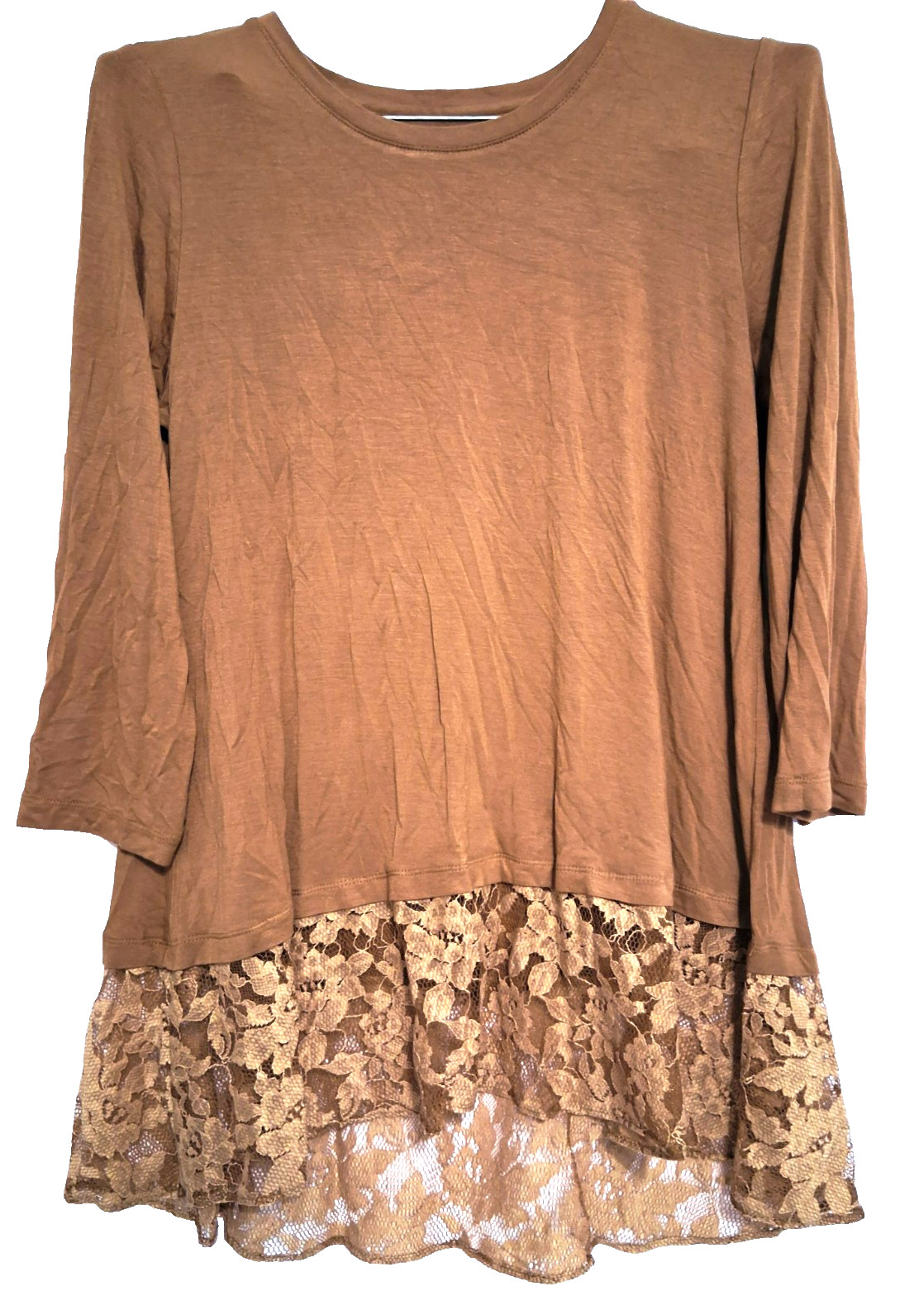 Lace Hem Tunic Top Shirt Sweater Womens Medium Gold Brown 3/4 Sleeve Fairy Boho