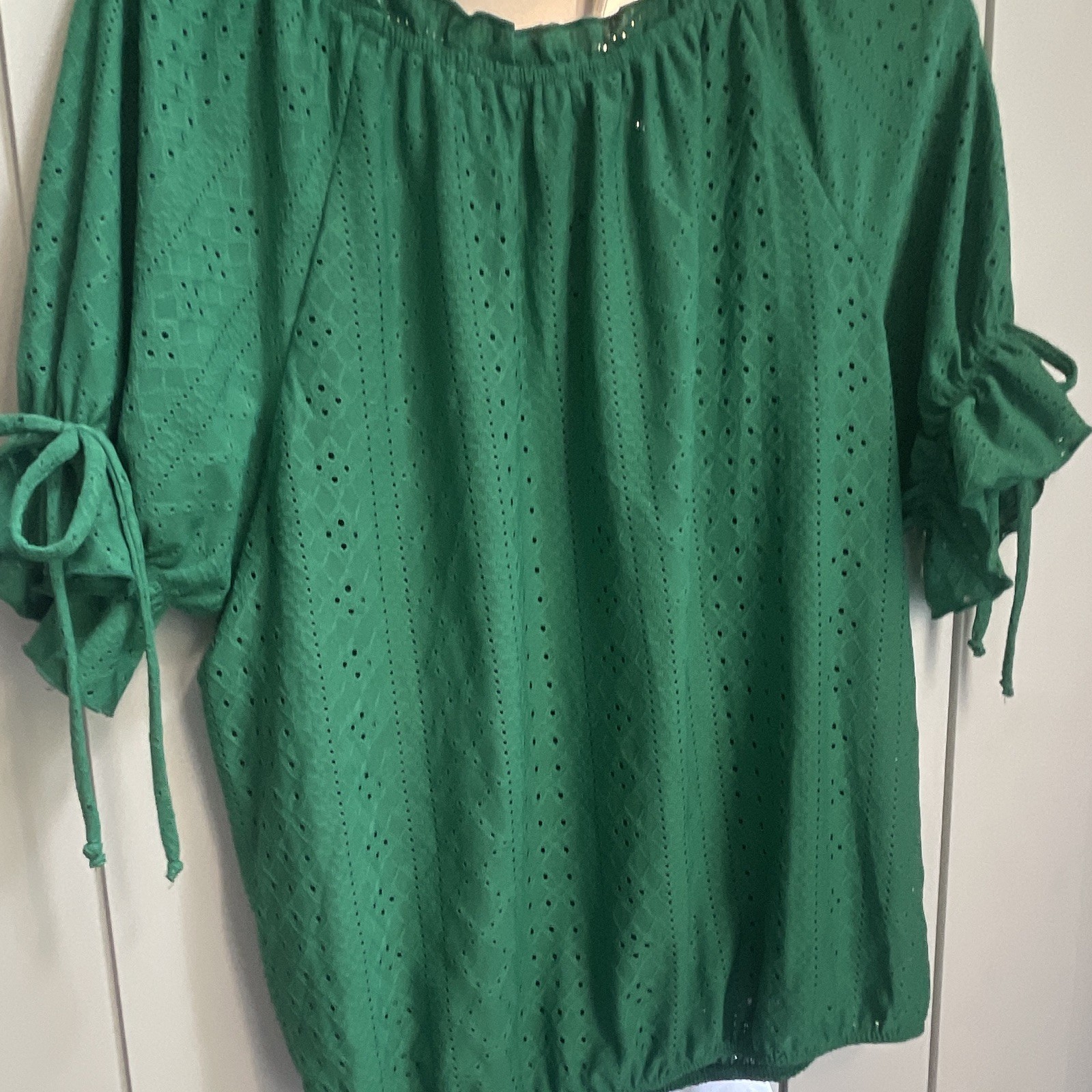 Perseption Concept Women’s Green Solid Eyelet Off-Shoulder Peasant Blouse L