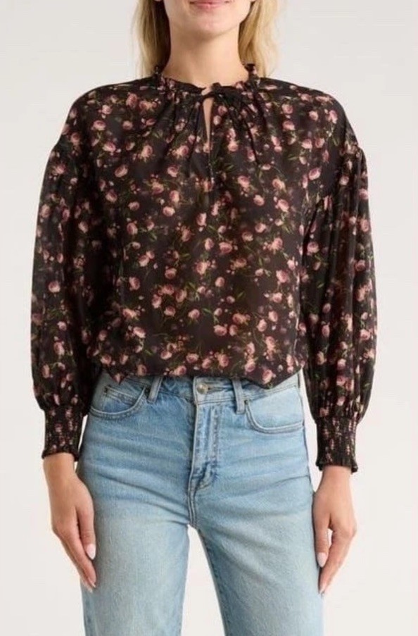 New Alice + Olivia Julius Floral Silk Blend Voile Blouse In Black Multi S $395