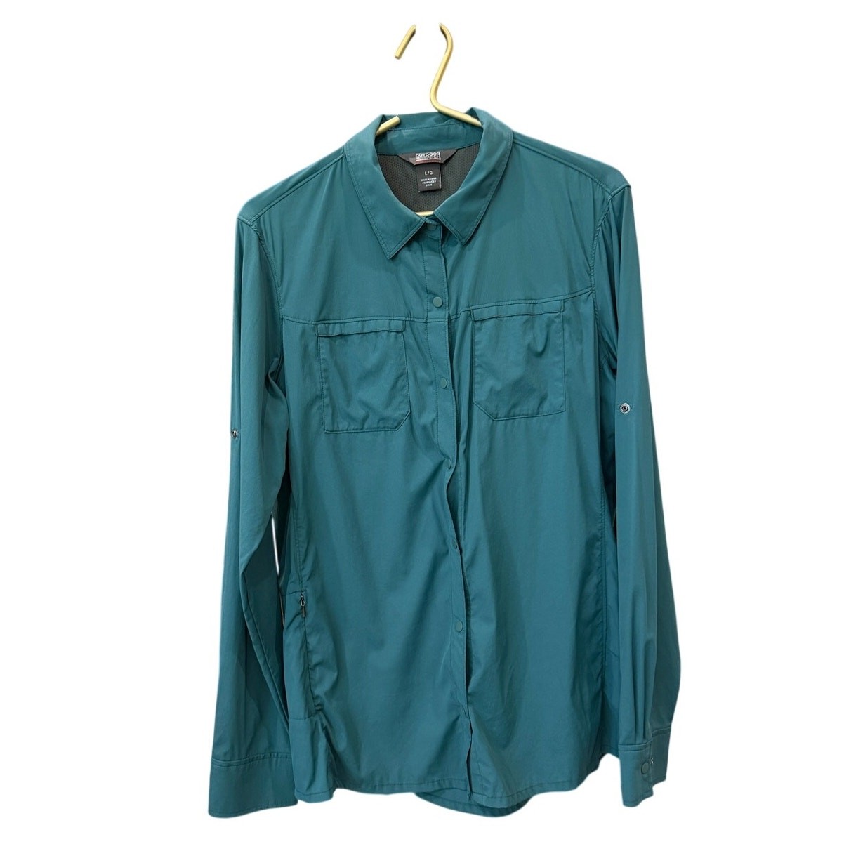 Outdoor Research Wayward Shirt L NWOT Teal Green Stretch Snap Fishing Roll Tab