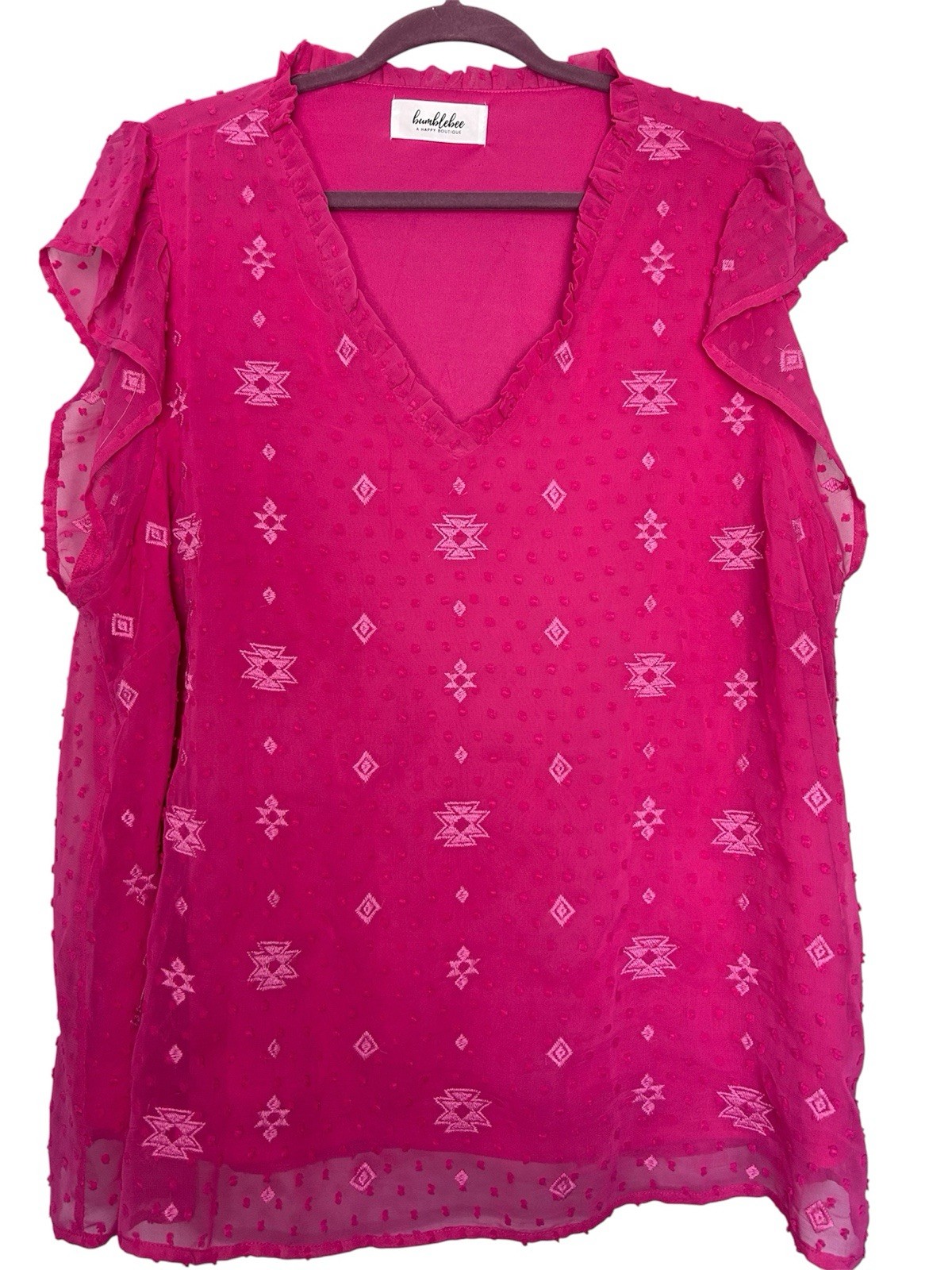Bumblebee Boutique Size 2X Hot Pink Solid Aztec Print Chiffon Ruffle Sleeve Top